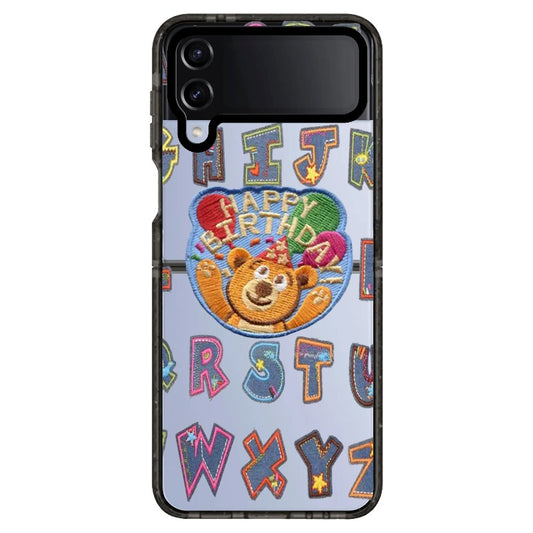 "Happy Birthday" Jean Patch Style Teddy Bear and Letter Stickers Phone Case_Samsung Z Flip [1462873]